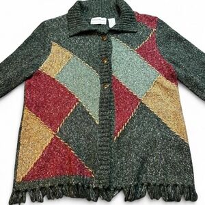 VTG knitted‎ geometric fringe Alfred dunner cardigan sweater size petite large